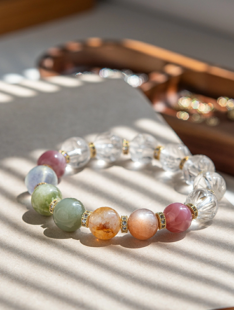 DSC02219 Carved Lotus Clear Quartz Bracelet 7-Chakra Energy & Zen Jewelry